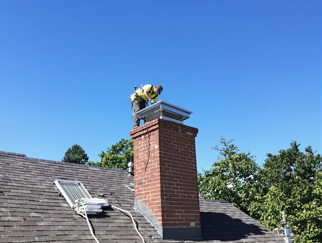 Waterford Chimney Sweep technician measuring a chimney cap in Waterford, CT